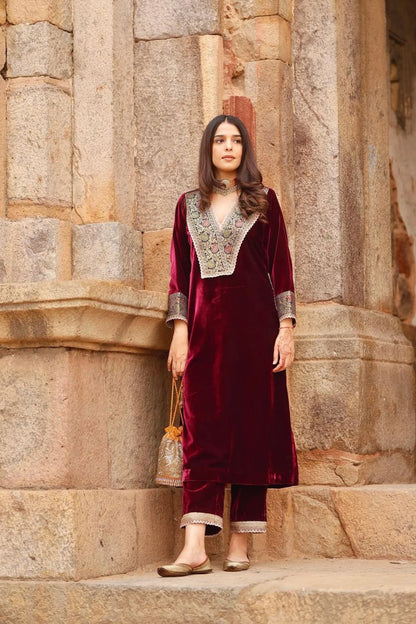 Maroon Velvet Lace Suit Set