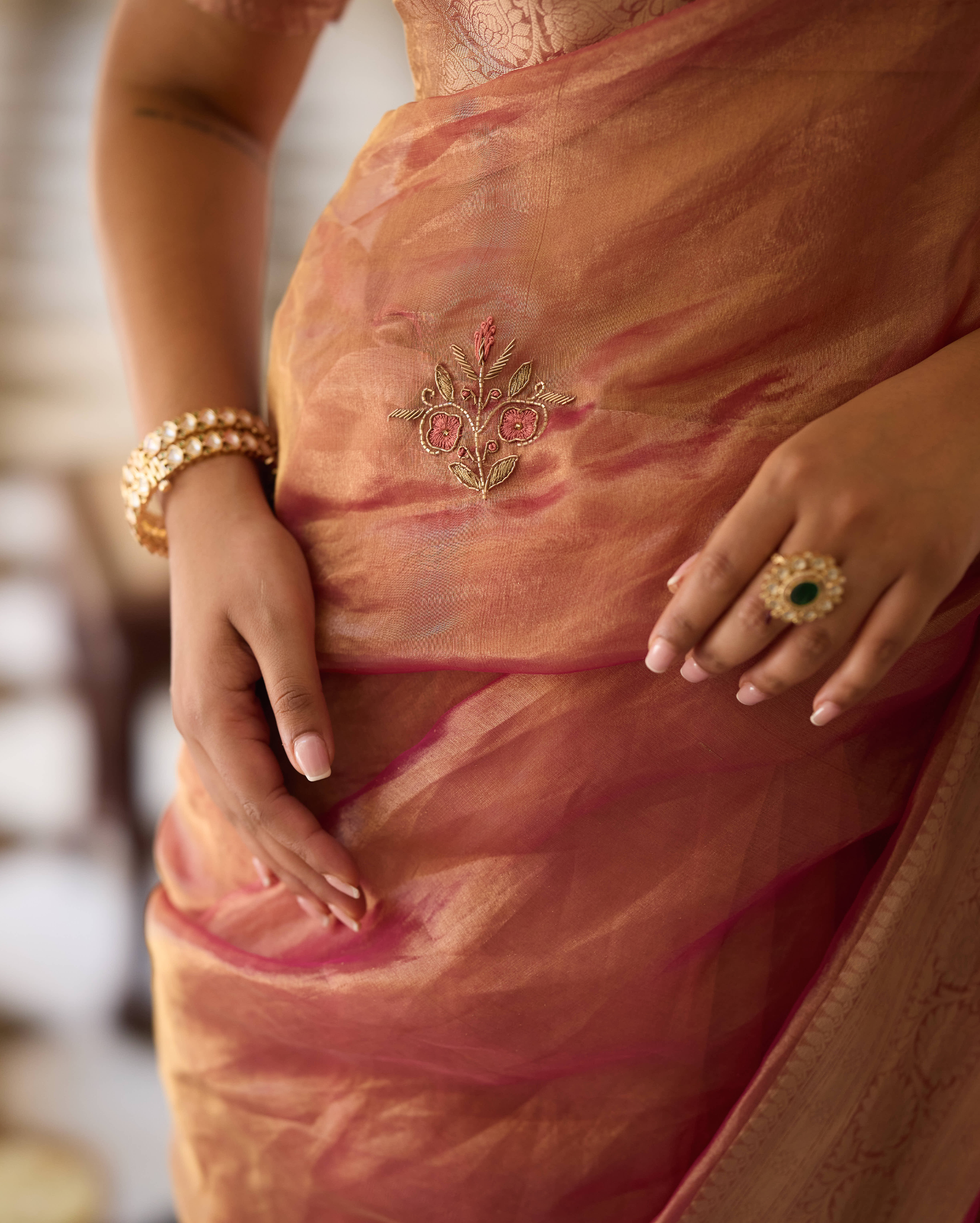 Teja Pink Handcrafted Tissue Saree