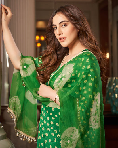 Raksika Green Bandhani Silk Suit Set
