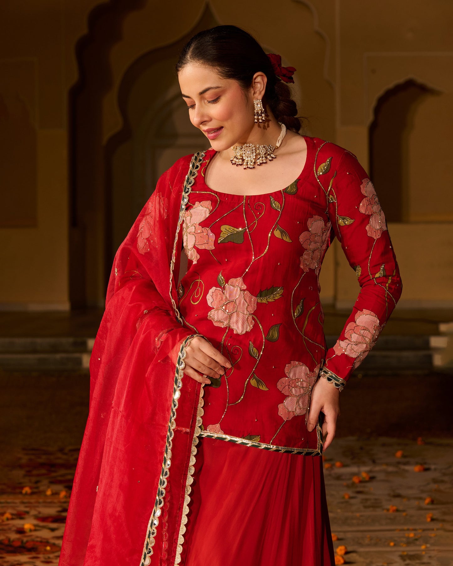 Azmat Maroon Printed Viscose Organza Suit Set
