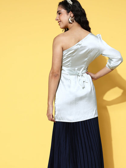One Shoulder Satin Top In Silver Colour