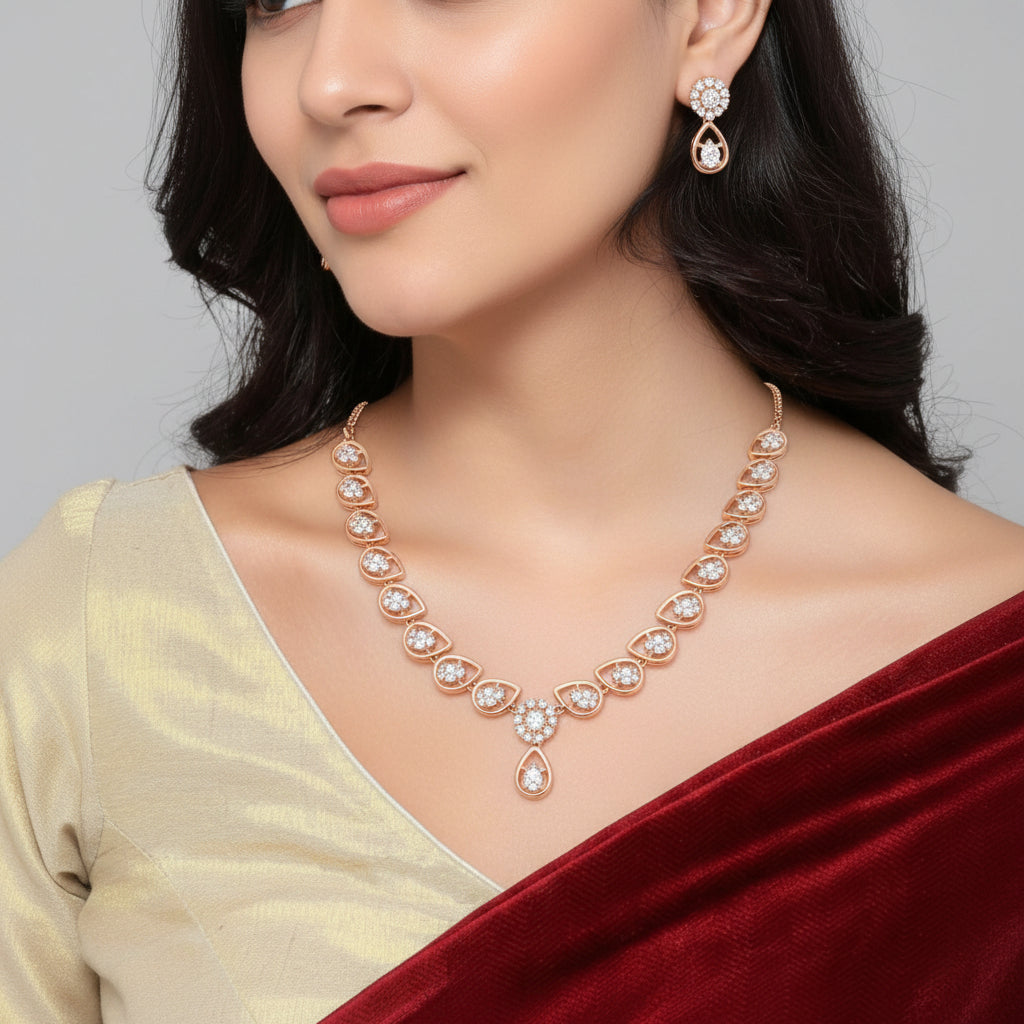 Rose Gold Plated Necklace With Matching Earrings