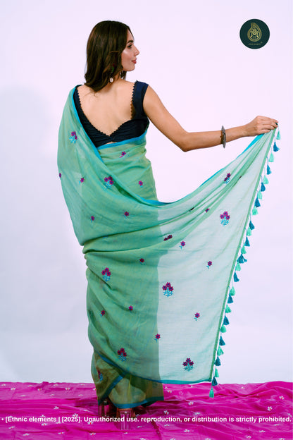 Gulzar - Mul Mul Cotton Solid Saree - Teal Mist