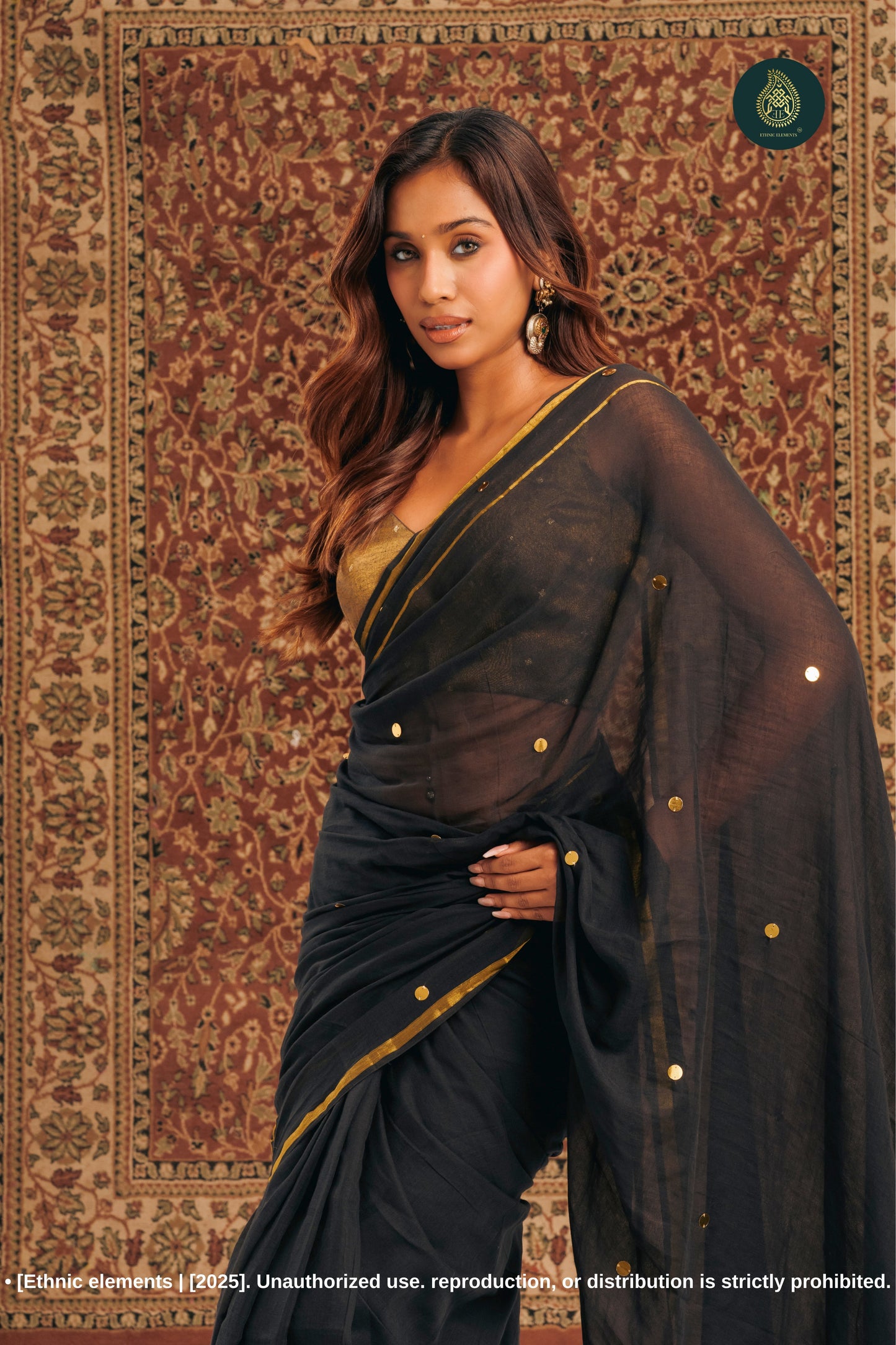 Black Mul Cotton Saree With Gini Work Zari Border
