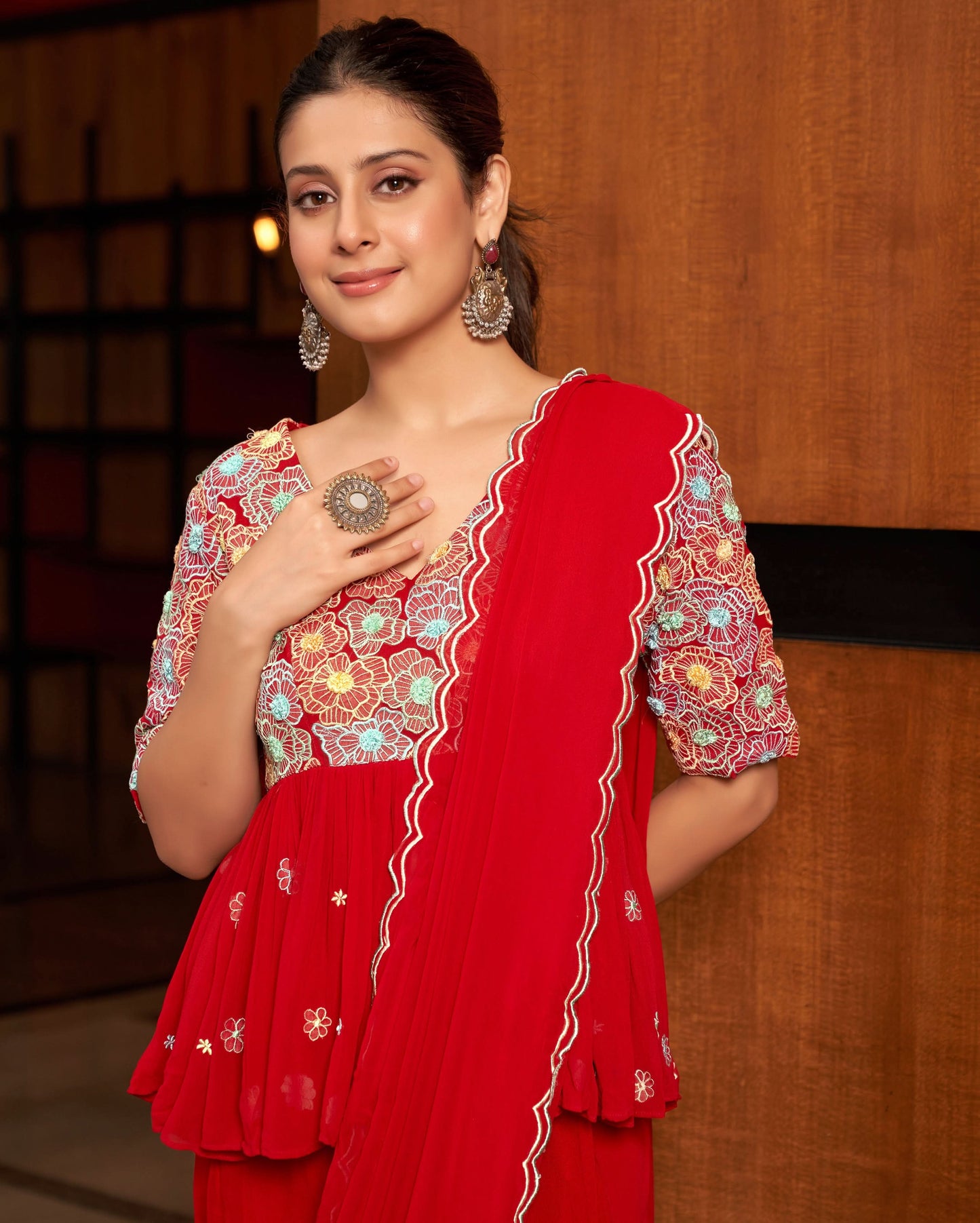 Phool Red Embroidered Georgette Pre Draped Saree