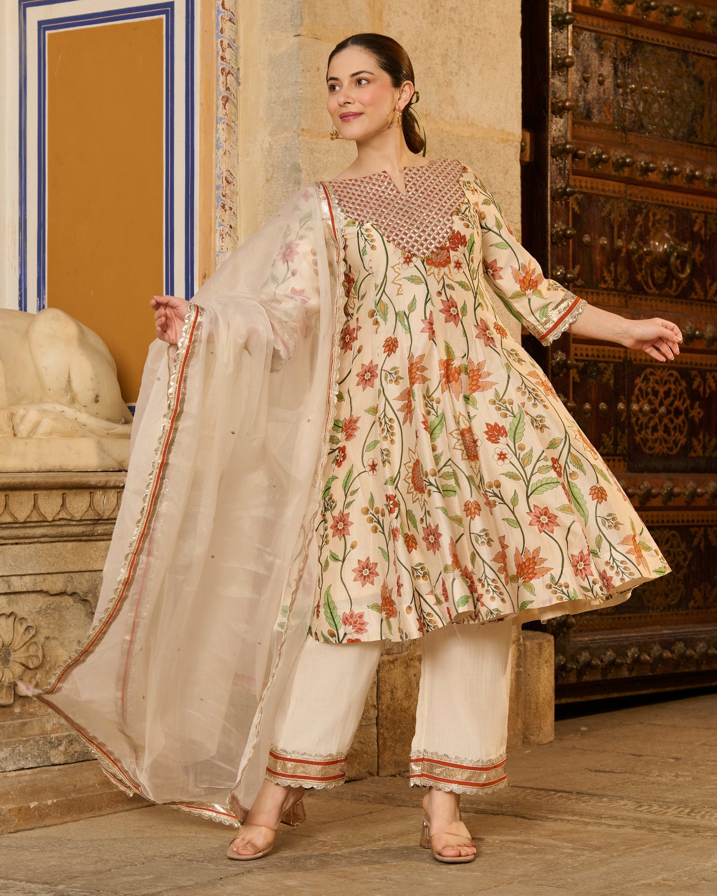 Kora Cream Printed Chanderi Suit Set