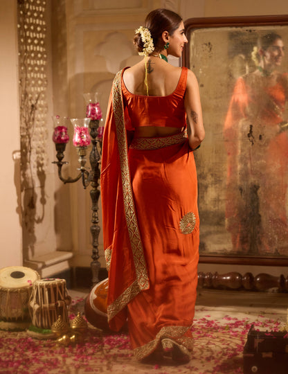 Rooh Rust Orange Handcrafted Satin Saree