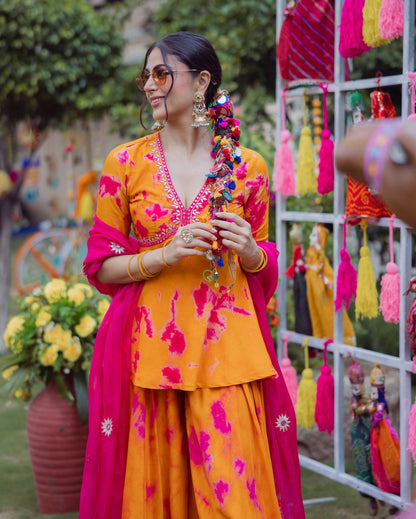 Ritu Orange Pink Tie Dye Muslin Sharara Set