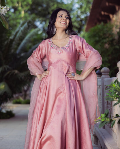 Mallow Mauve Embroidered Chanderi Suit Set