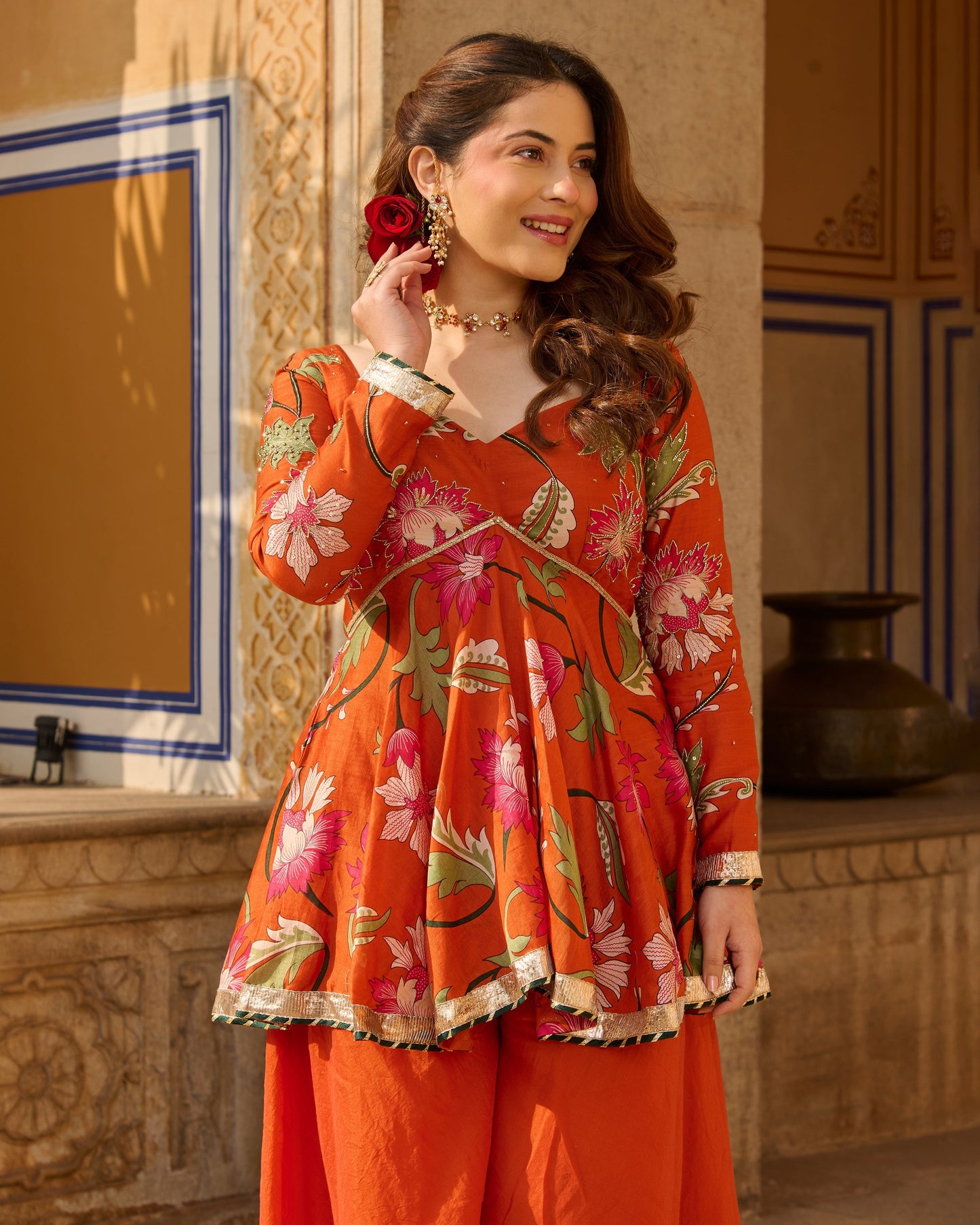 Mehar Orange Printed Chanderi Suit Set