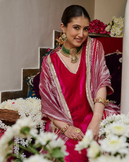 Rima Pink Solid Velvet Suit Set