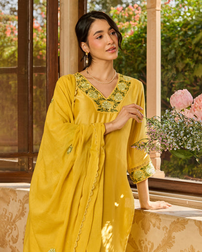 Limo Yellow Embroidered Chanderi Suit Set