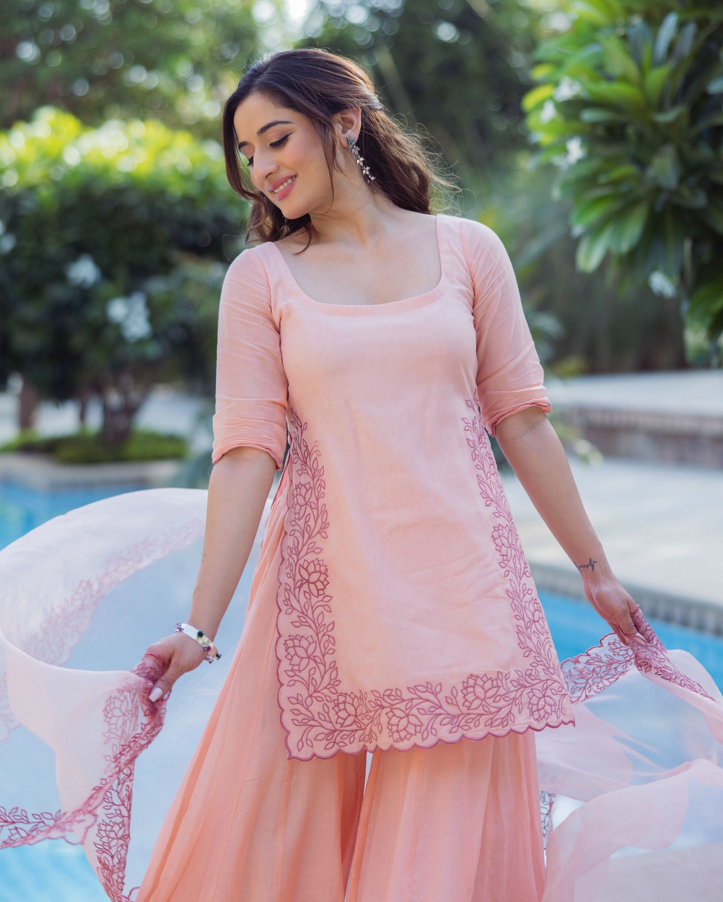 Lotus Charm Peach Embroidered Cotton Sharara Set