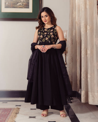 Shadow Black Embroidered Cotton Suit Set