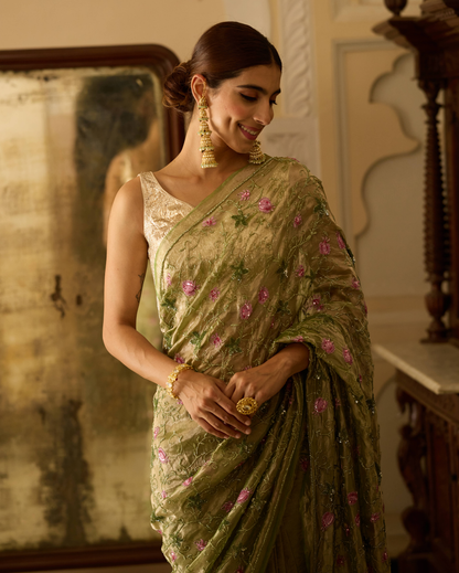 Manmohini Green Handcrafted Pure Tissue Saree