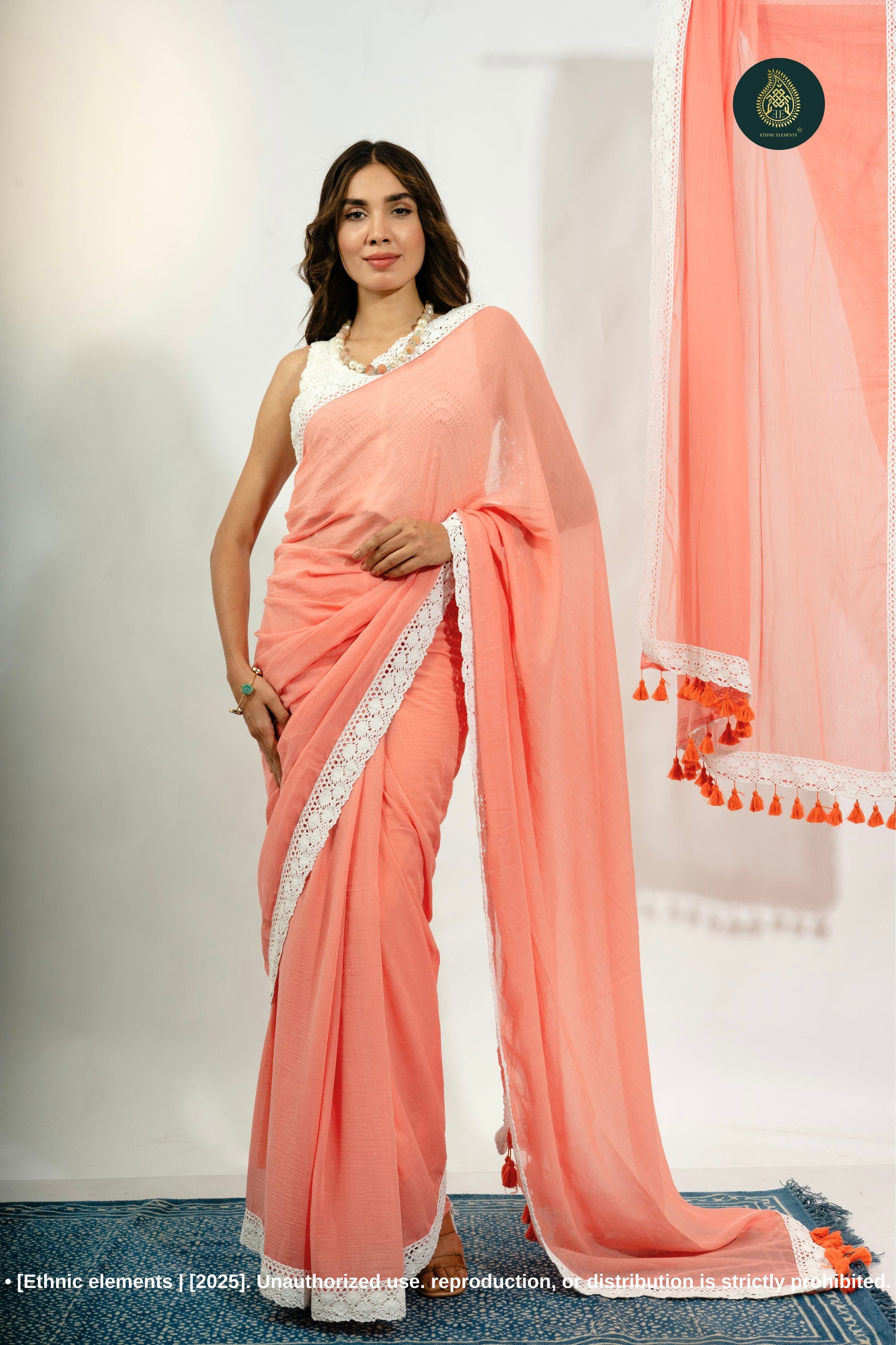 Blush Sunset: Peach Mul Cotton Saree With Crochet Border