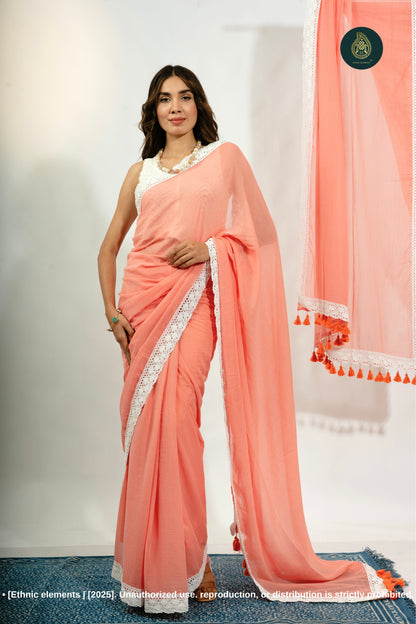 Blush Sunset: Peach Mul Cotton Saree With Crochet Border