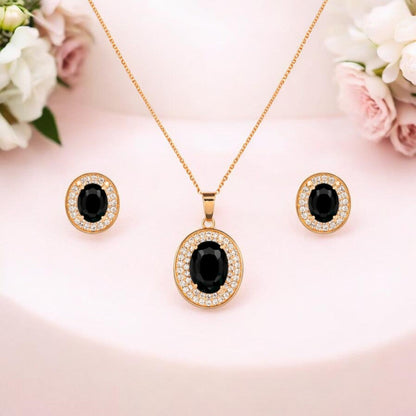 Rose Gold Black Oval Stone Necklace Set for Women And Girls