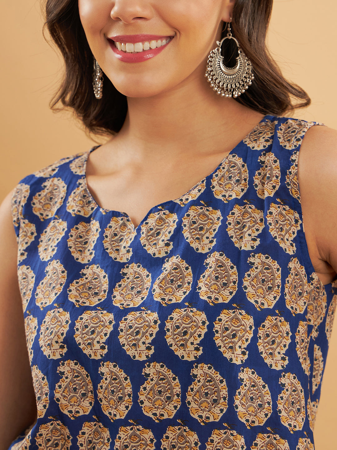 Ink Blue Small Paisley Kalamkari Sleeveless Top