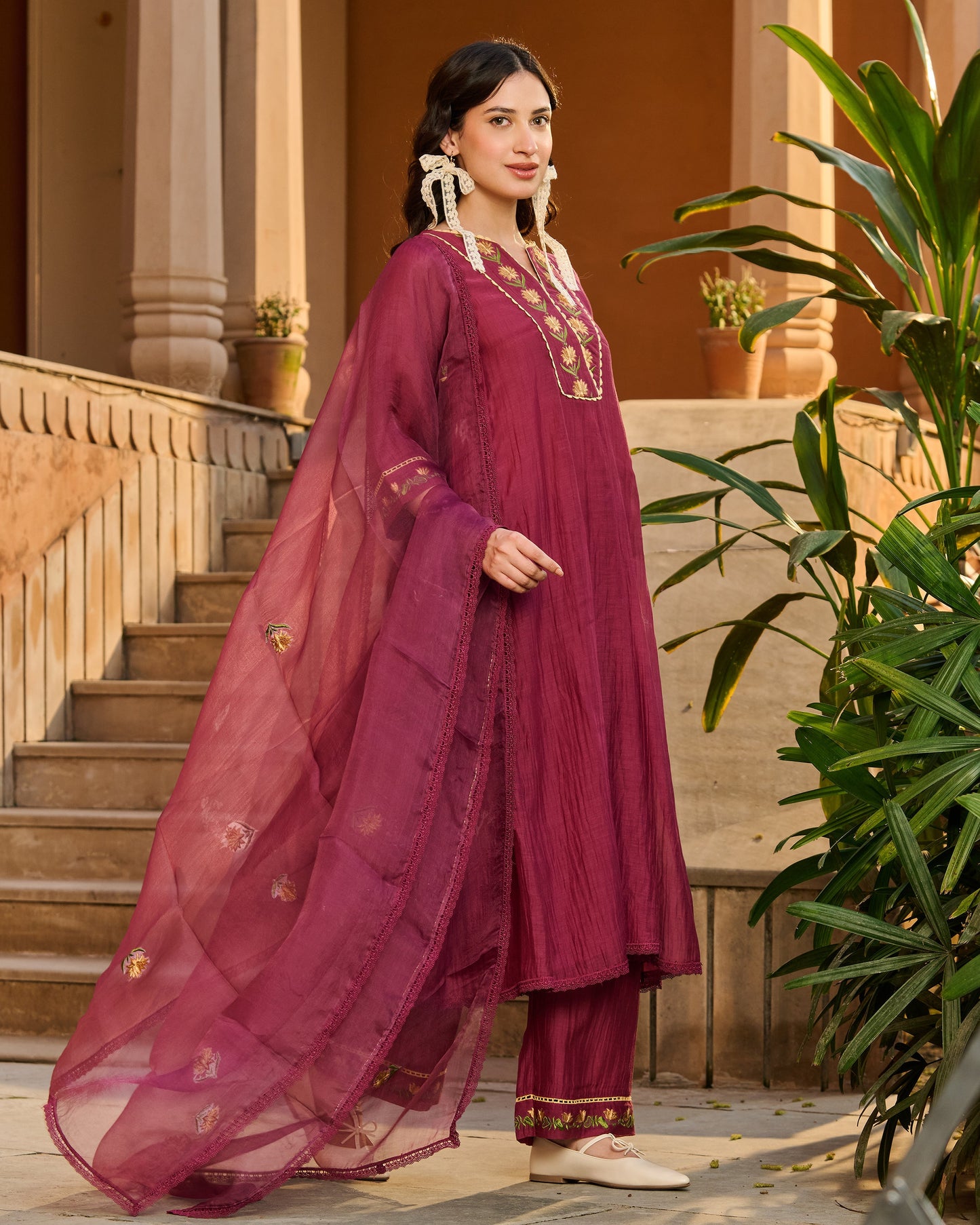 Jugal Wine Embroidered Chanderi Suit Set
