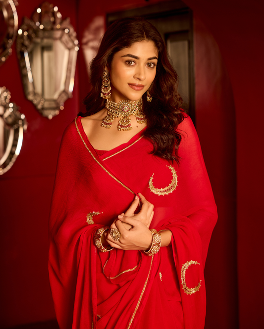 Utsaha Red Handcrafted Chiffon Saree