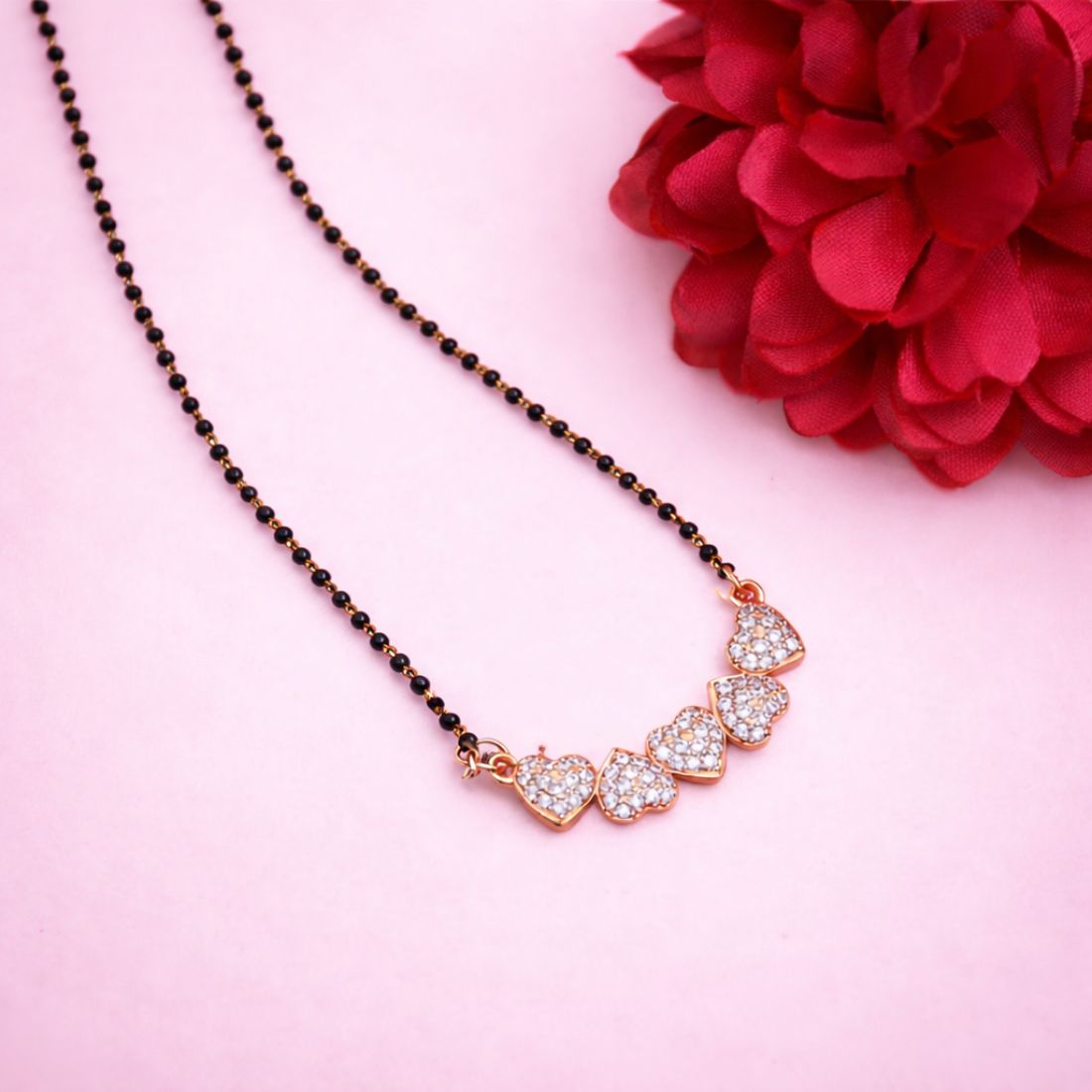 Rose Gold Heart Mangalsutra With Black Bead Chain