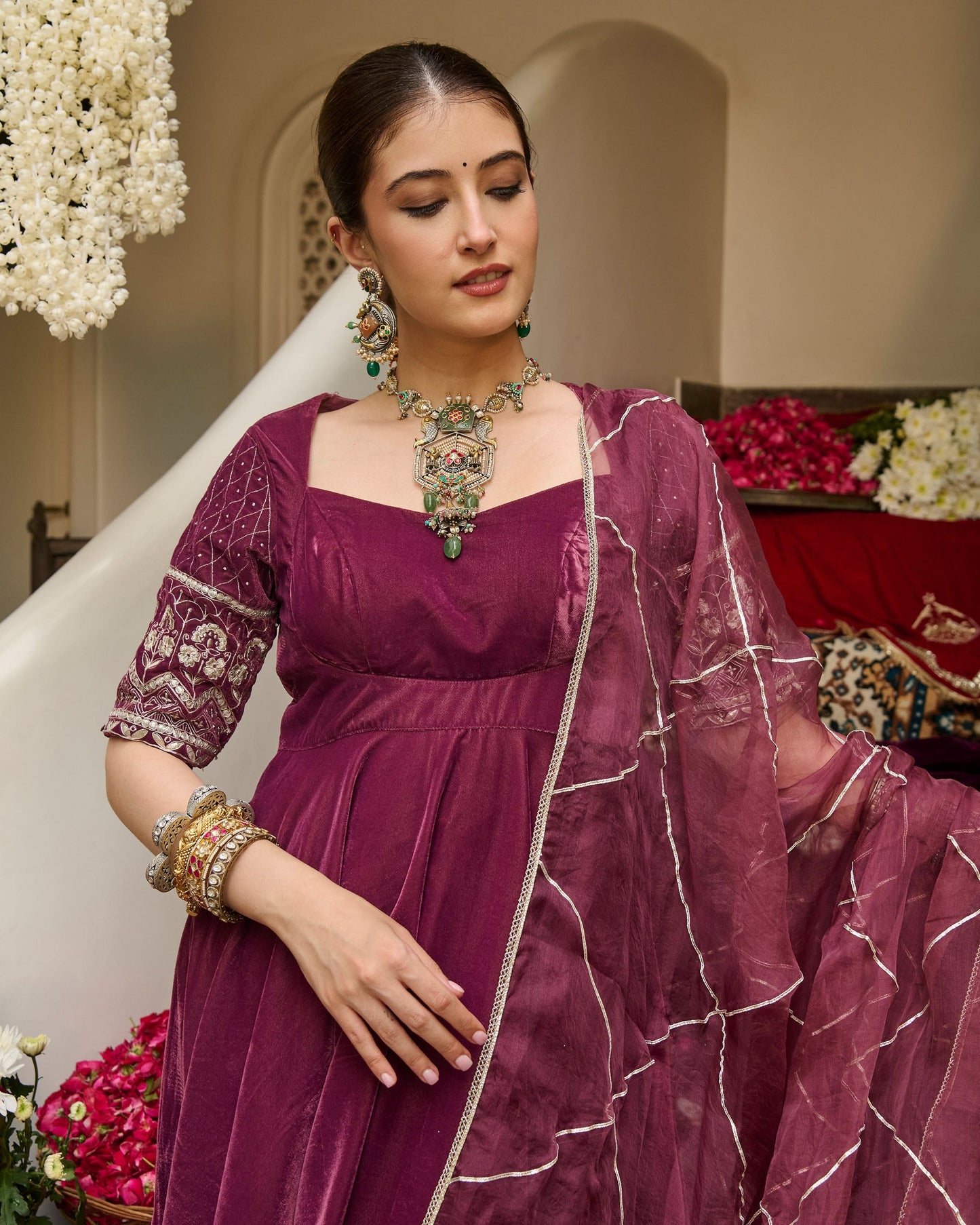 Terri Mauve Embroidered Velvet Suit Set