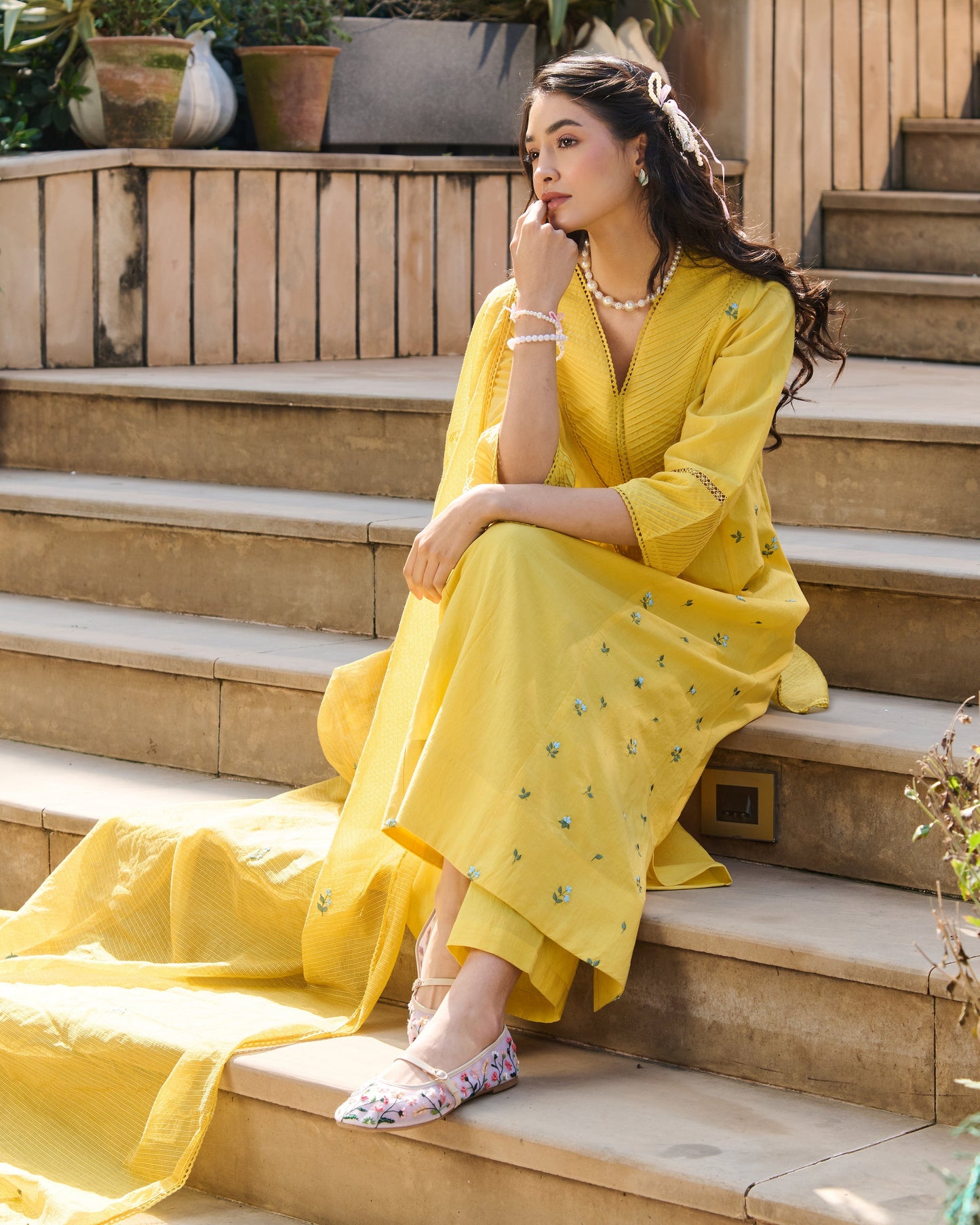 Serein Yellow Embroidered Cotton Suit Set