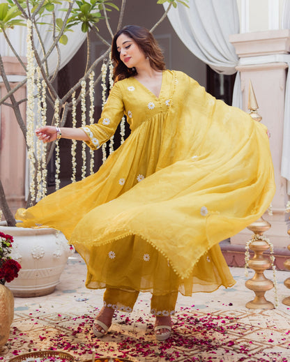 Golden Daisy Mustard Embroidered Doria Suit Set