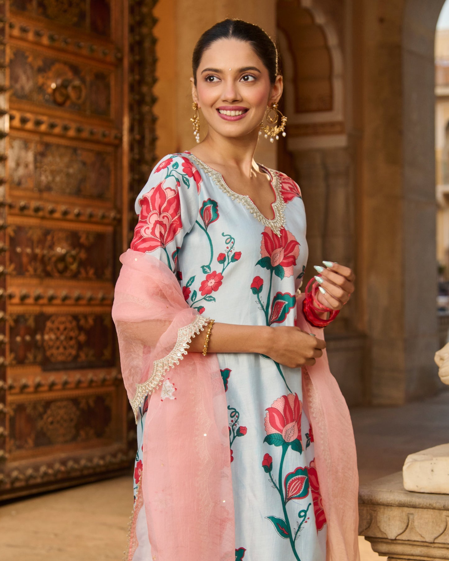Saumya Light Blue Printed Chanderi Suit Set