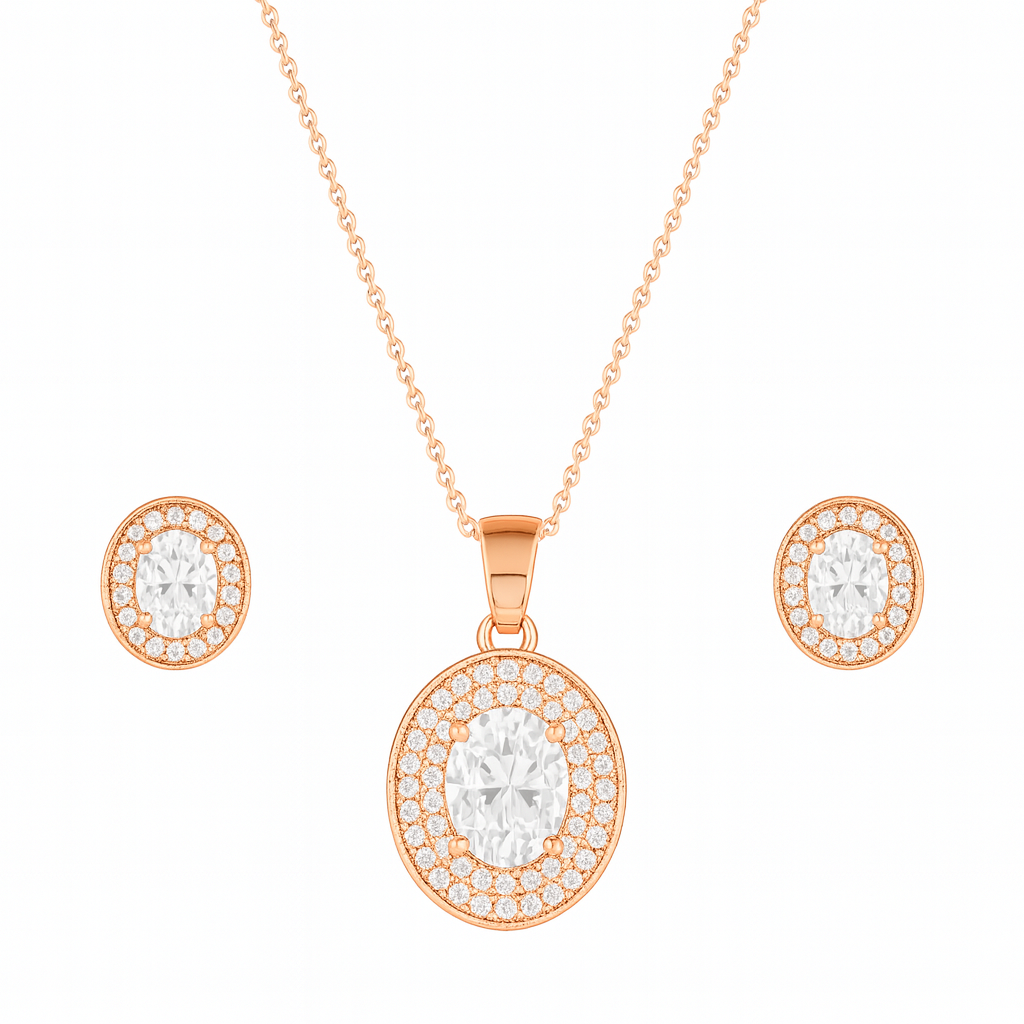 Rose Gold Plated Ruby Oval Pendant Necklace and Earring Set for Women and Girls | Anti-Tarnish | Anti-Allergy | Office Wear | Gifting