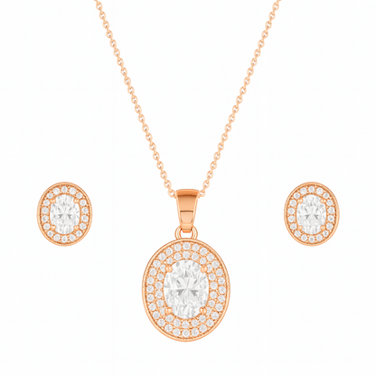 Rose Gold Plated Ruby Oval Pendant Necklace and Earring Set for Women and Girls | Anti-Tarnish | Anti-Allergy | Office Wear | Gifting