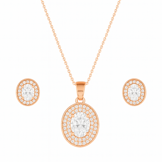 Rose Gold Plated Ruby Oval Pendant Necklace and Earring Set for Women and Girls | Anti-Tarnish | Anti-Allergy | Office Wear | Gifting