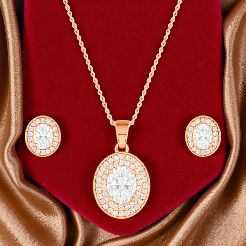 Rose Gold Plated Ruby Oval Pendant Necklace and Earring Set for Women and Girls | Anti-Tarnish | Anti-Allergy | Office Wear | Gifting