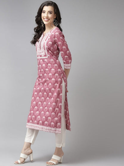 Women Rust Red & White Pure Cotton Ethnic Motifs Printed Kurta