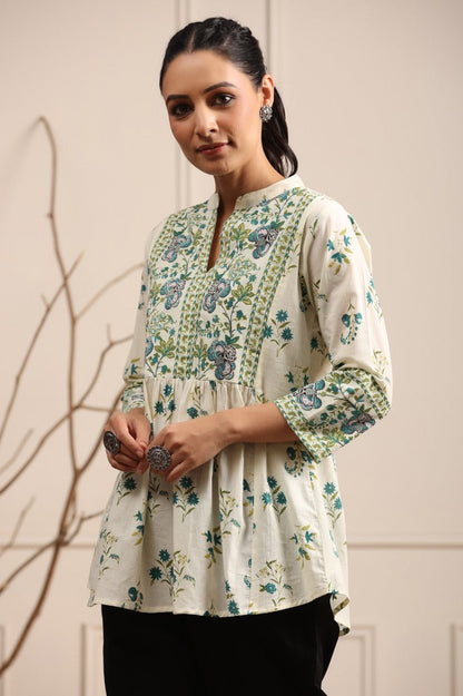 Women Cream Floral Printed Pure Cotton Top
