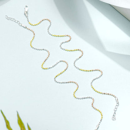 Elegant Triple Tone 925 Sterling Silver Beaded Chain Anklet