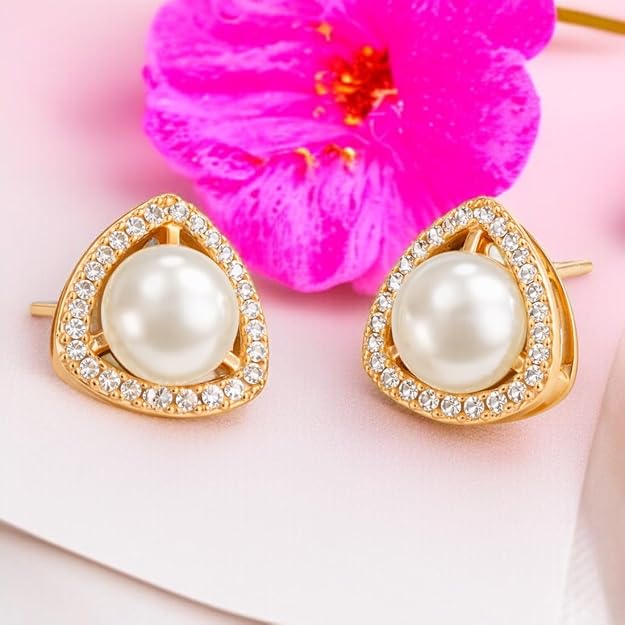 Rose Gold Plated Triangular Pearl Stud Earrings