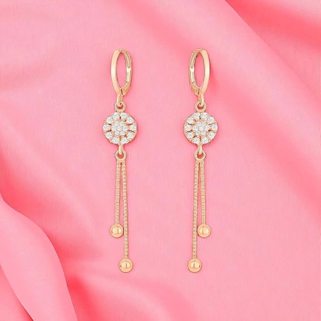 Rose Gold Long Earrings, American Diamond Studded Lightweight Drop Earrings for Women and Girls (Floral)