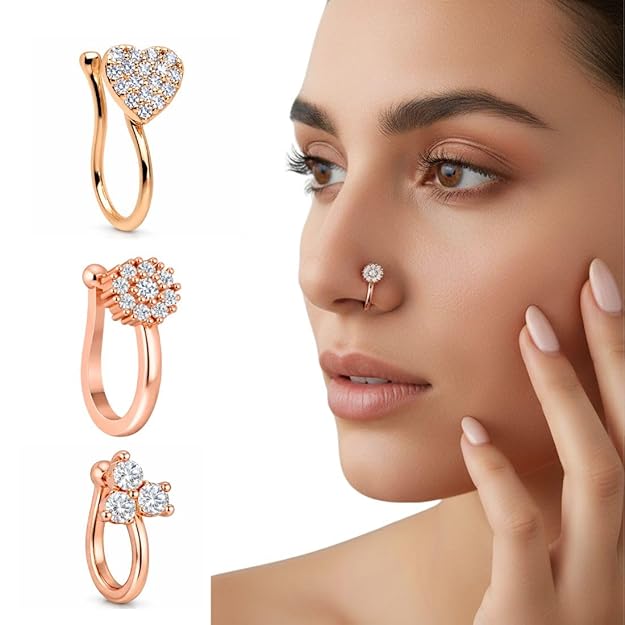 Rose Gold AD Triple Nose Pin Set