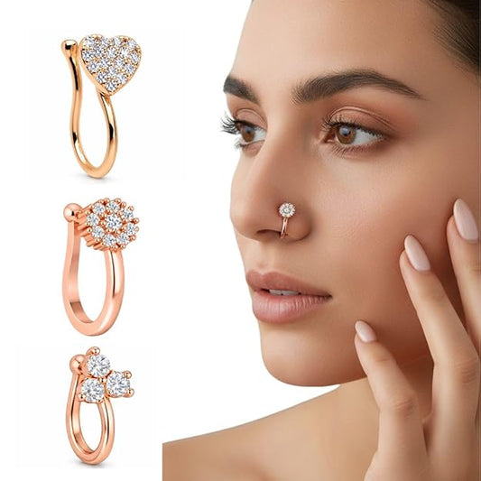 Rose Gold AD Triple Nose Pin Set