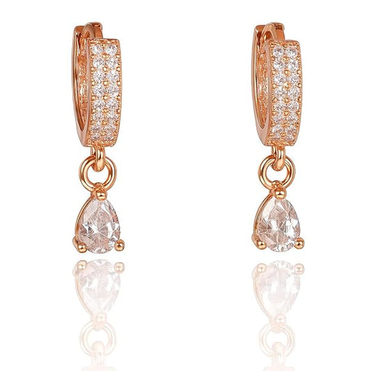 18k Rose Gold Plated Clip On Hoop Earrings, Latest Fancy Stylish Zircon Copper Bali Earrings for Women and Girls (Drop)