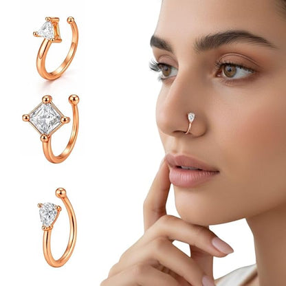 Rose Gold American Diamond Non Piercing Nose Pin Set