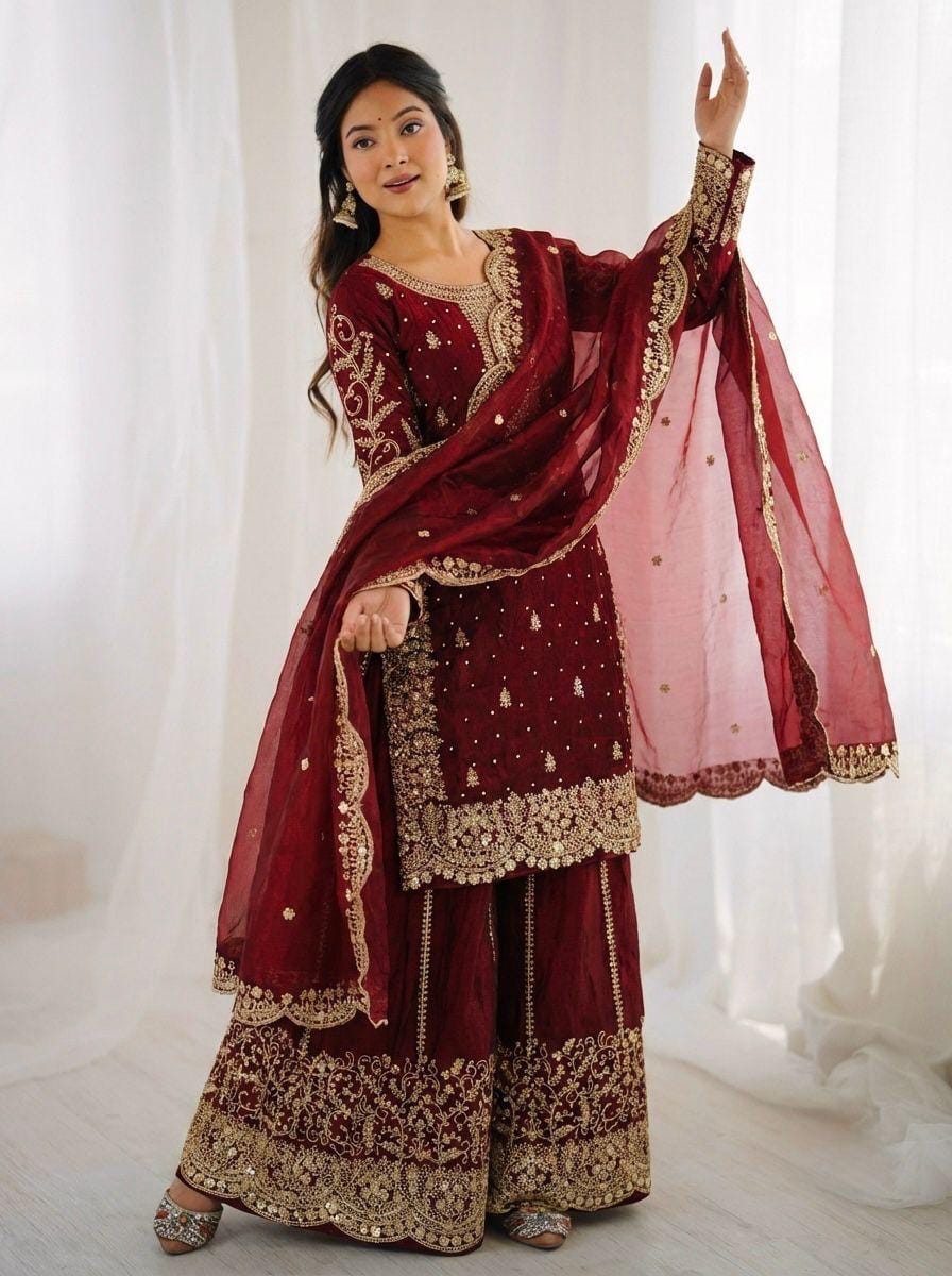 Fendi Silk Embroidery Work Designer Kurti Sharara Dupatta Set