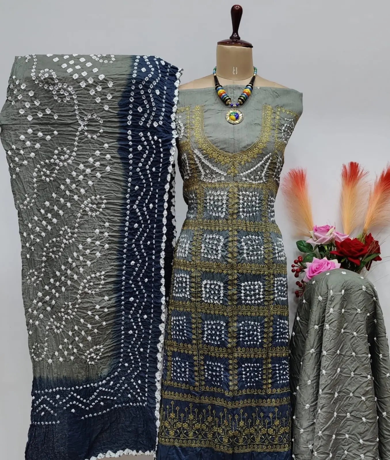 Cotton Satin Golden Thread Embroidery 3pc Kutch Bandhani Salwar Dress Material - Premium  from Ethenika.com - Just INR 2190! Shop now at Ethenika.com 