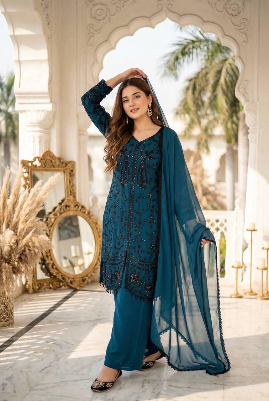 Faux Georgette Designer 3 Pc Kurti Pant Dupatta Set