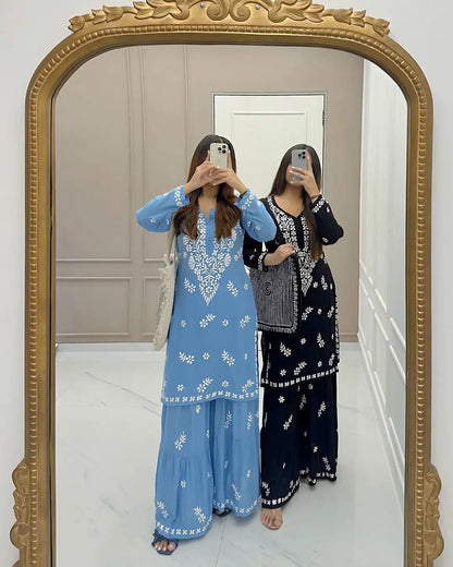 Rayon Cotton Chikankari Thread Embroidery work Kurti Sharara Set (Stitched) - Premium  from Ethenika.com - Just INR 1990! Shop now at Ethenika.com 