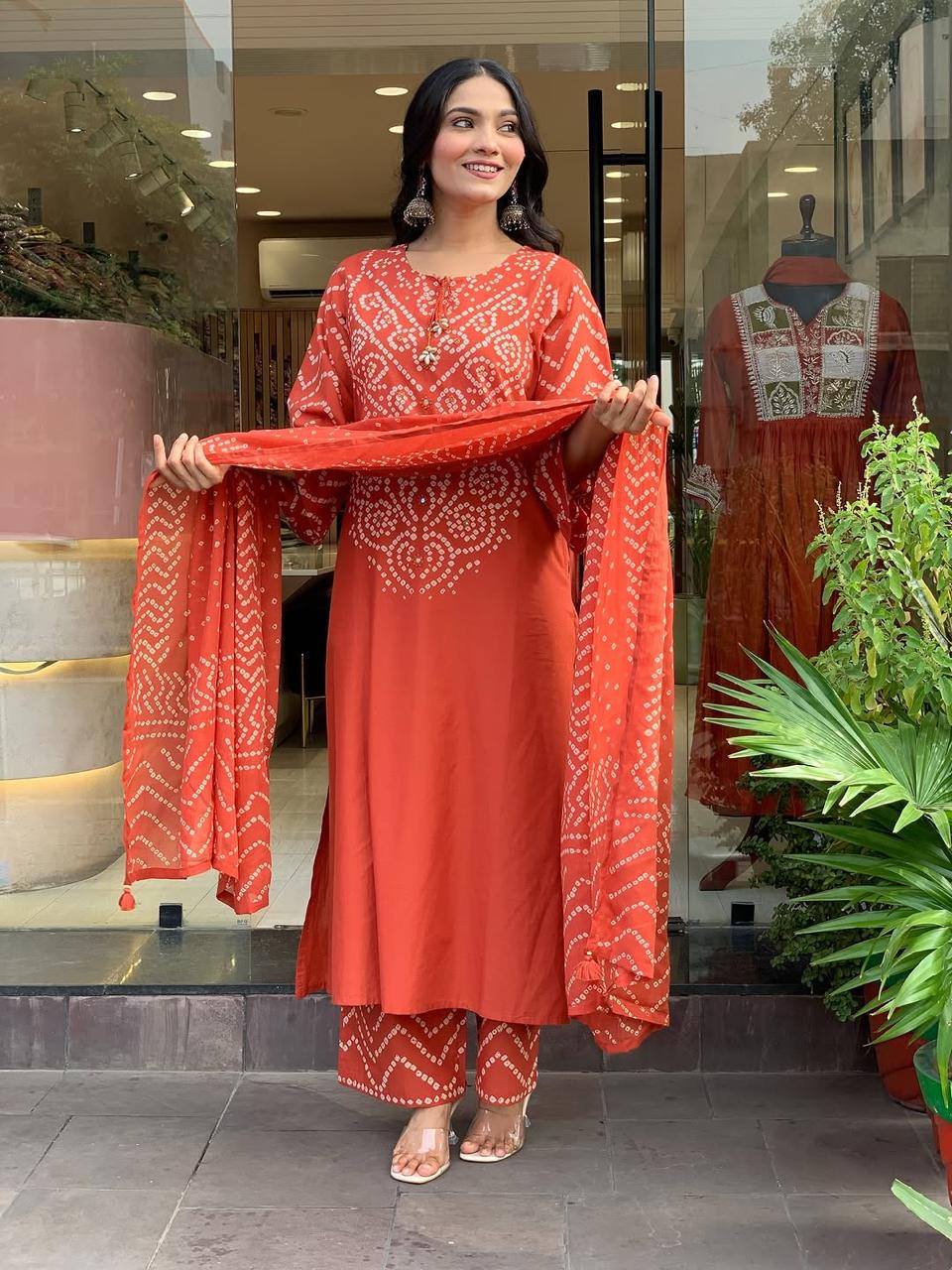 Ethenika Trending Mirror Work Bandhani 3Pc Kurti Pant Dupatta Set