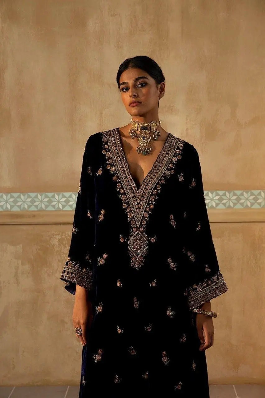 Winter Special Neck Thread Embroidery work Velvet Kurti Pant Set ( Fully Stitched) - Premium  from Ethenika.com - Just INR 2490! Shop now at Ethenika.com 