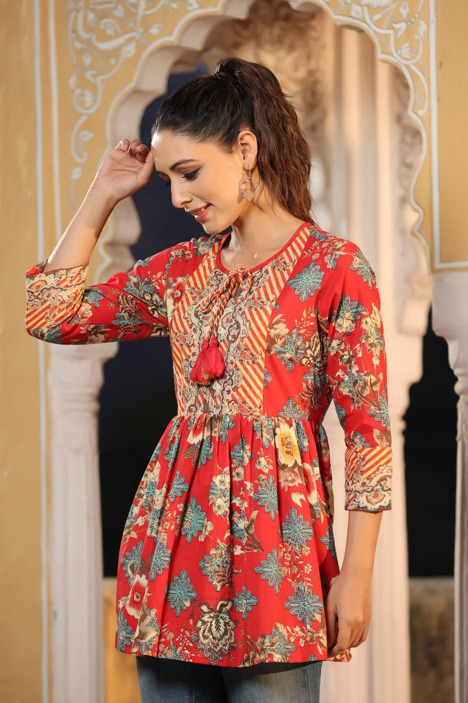 Women Red Cotton A Line Peplum Top